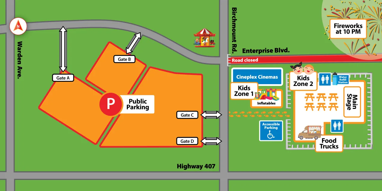 Map of event site. Text reads "Fireworks at 10 PM."
