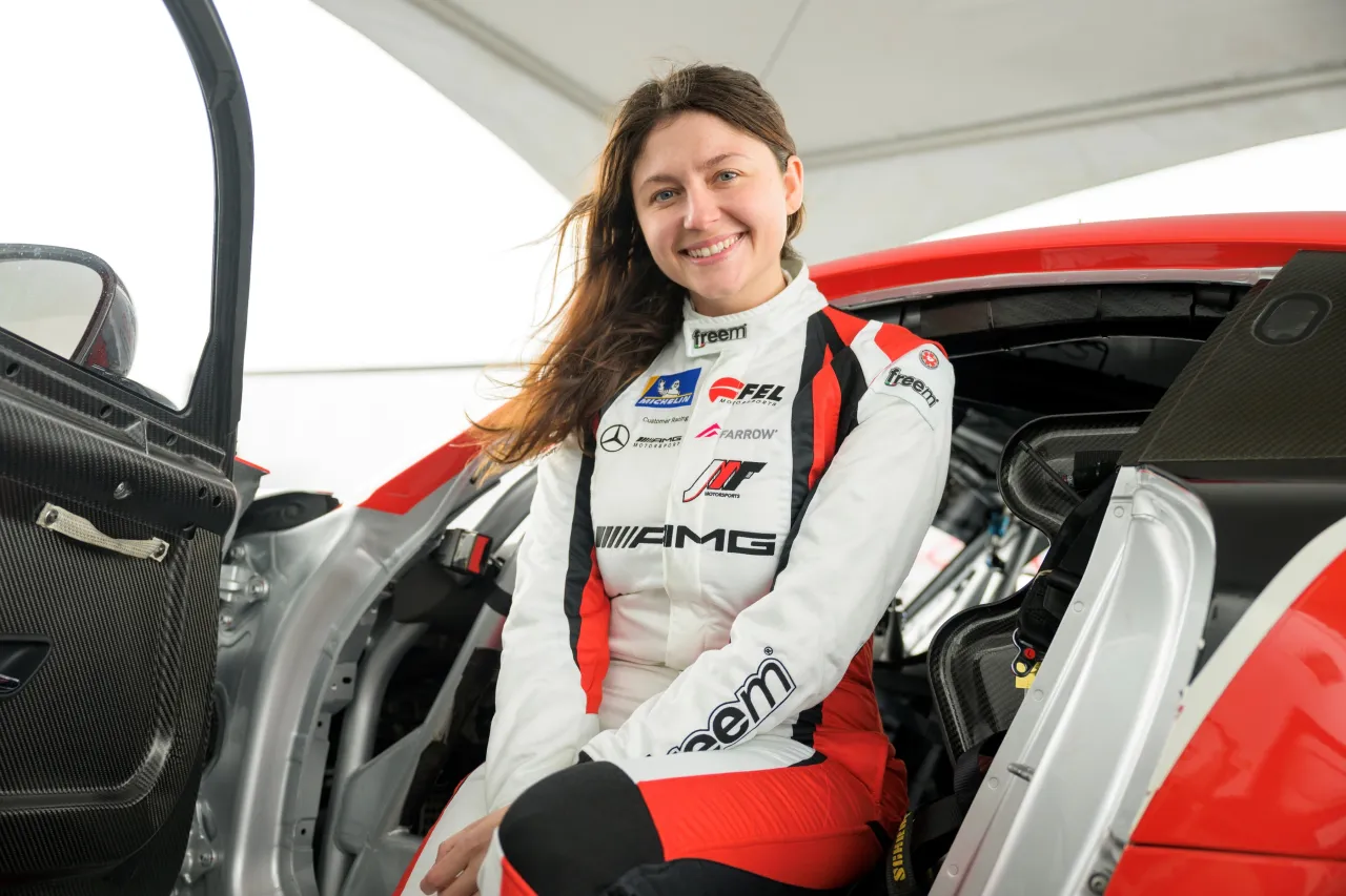 Demi Chalkias in a racing jacket.