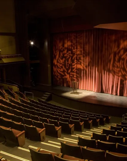 Interior of Markham Flato Theatre showing seats and lit-up stage