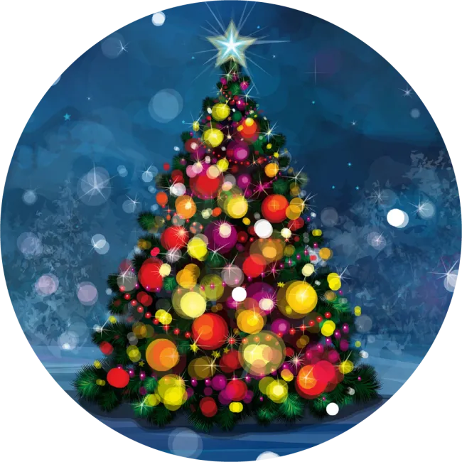Illustration of a Christmas tree with lights on it.