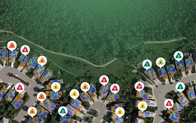 Houses in a community with heat loss rating from 1 to 9 with 1 showing low heat loss and 9 showing most heat loss