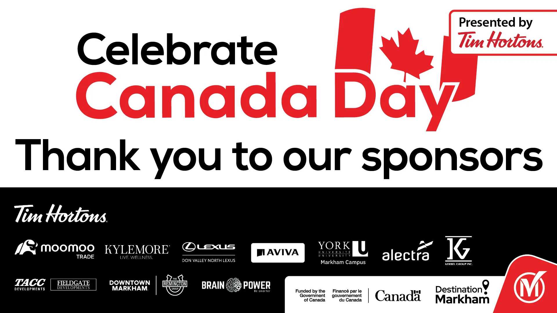 Image with a thank you for City of Markham's Canada Day celebration sponsors with logos 