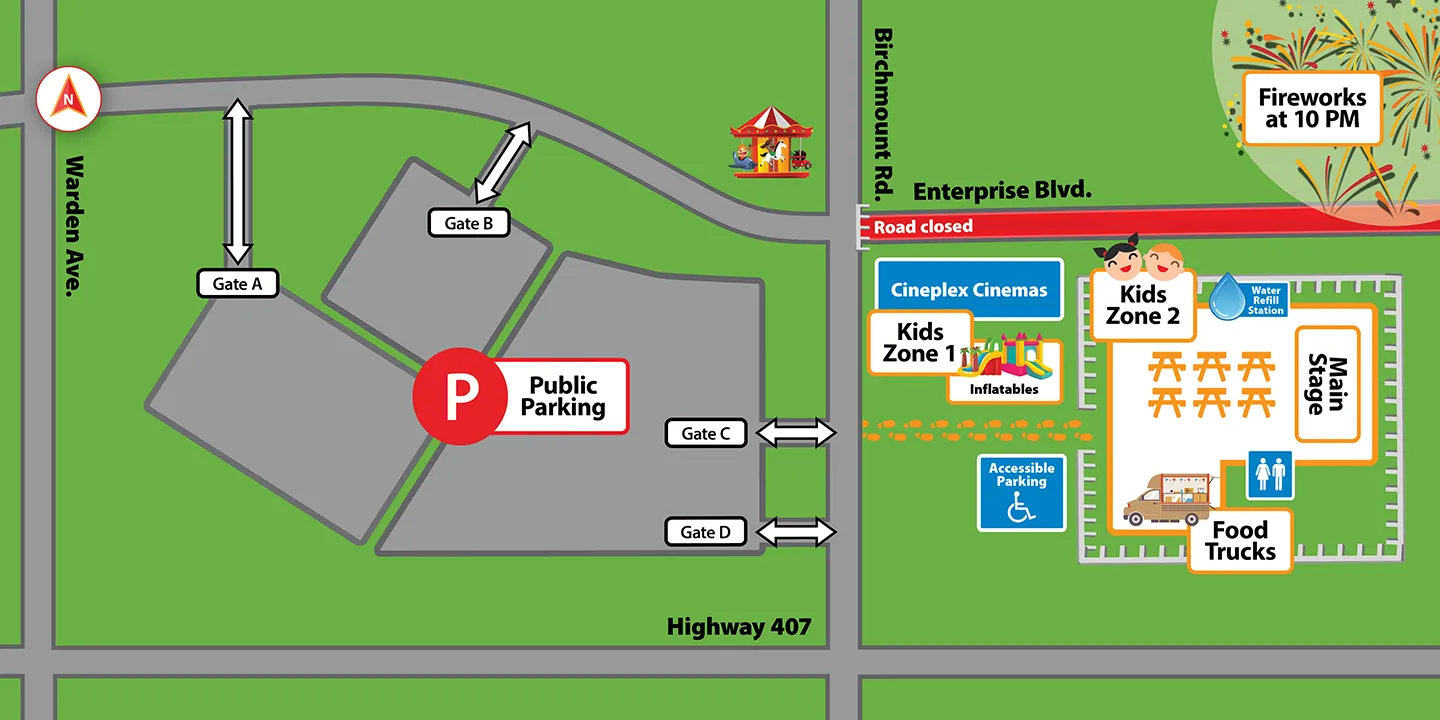 Map of Markham's Canada Day celebrations at Markham Centre