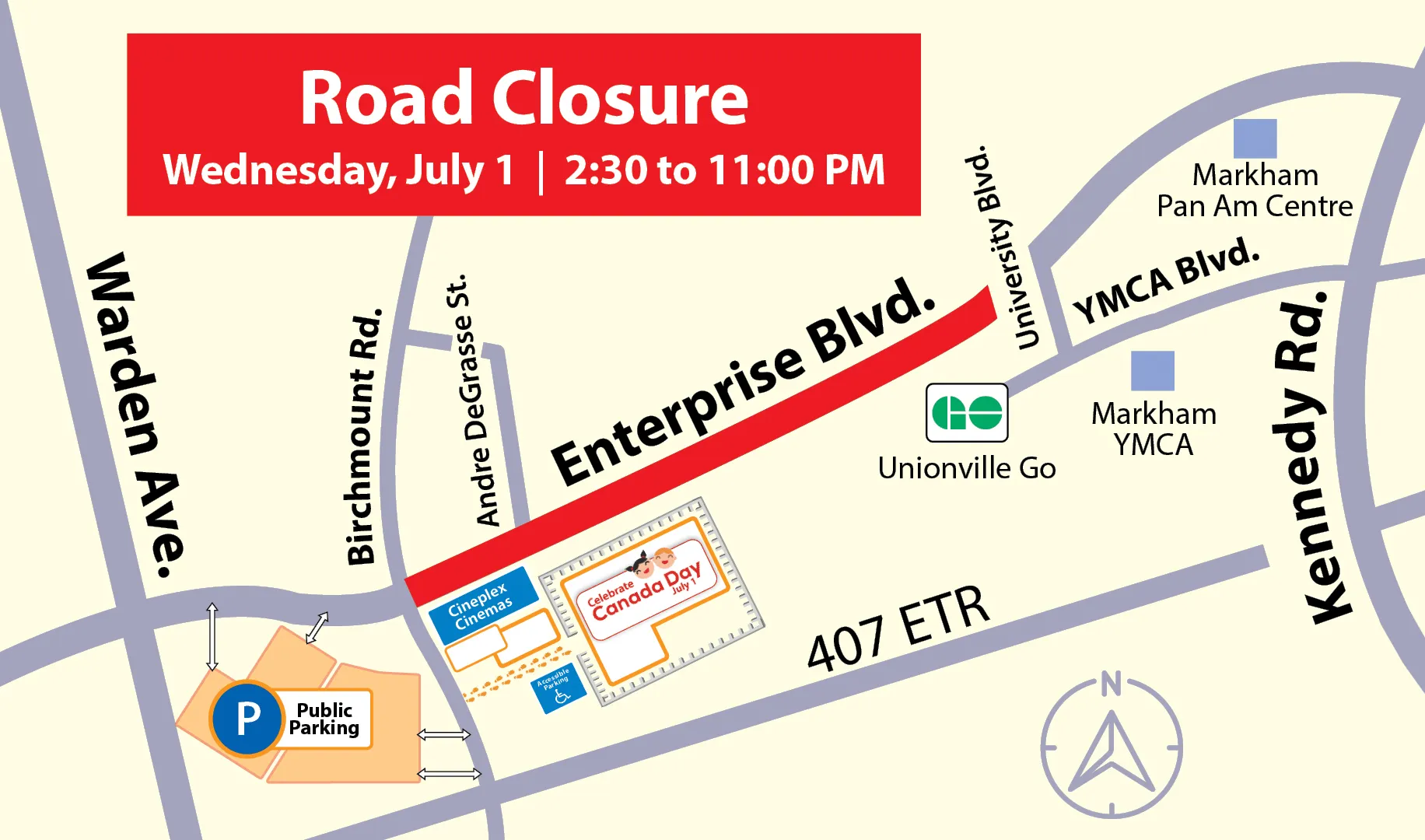 Map of Markham showing road closure on Enterprise Blvd on July 1 from 2:30 to 11 PM.