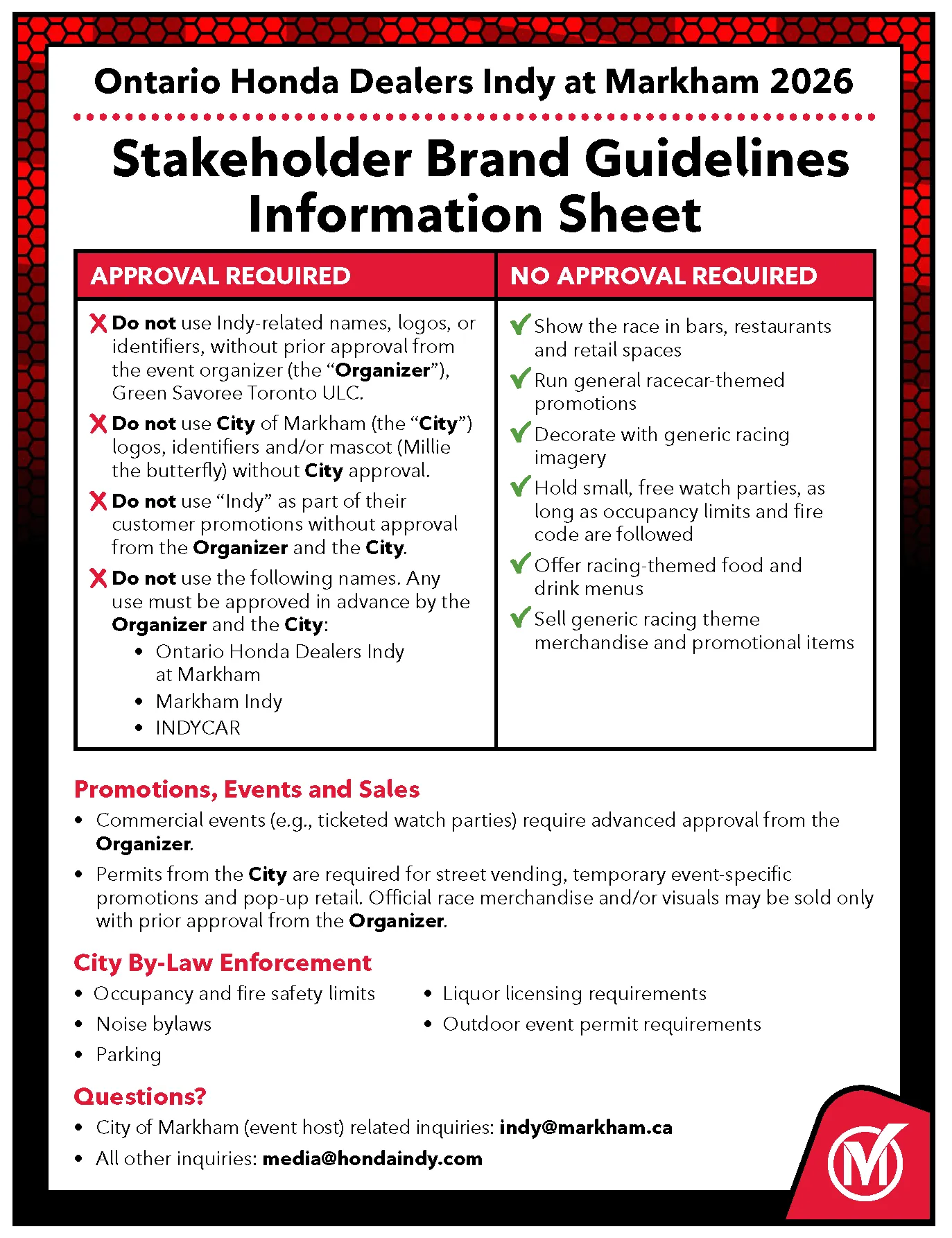 Ontario Honda Dealers Indy Stackeholder Brand Guidelines Information Sheet.