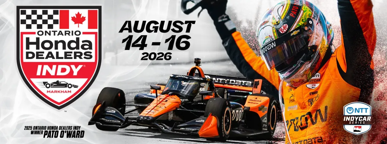 2025 Ontario Honda Dealers Indy Winner Pato O'Ward celebrating a race win. Text reads "August 14-16, 2026." Ontario Honda Dealers Indy logo.