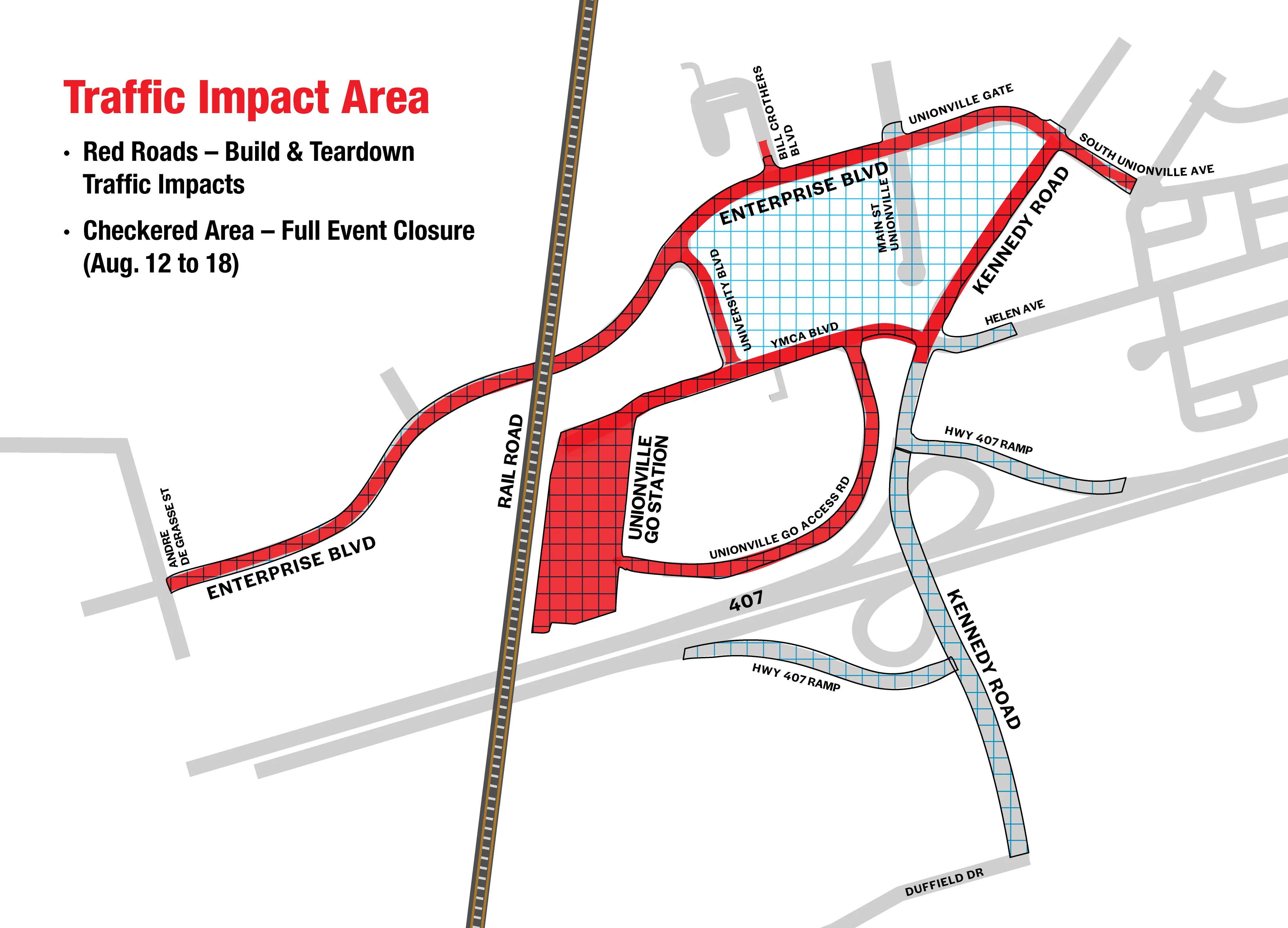 Map showing traffic impact zones in Markham from July 19 to August 27 for Ontario Honda Dealers Indy event.