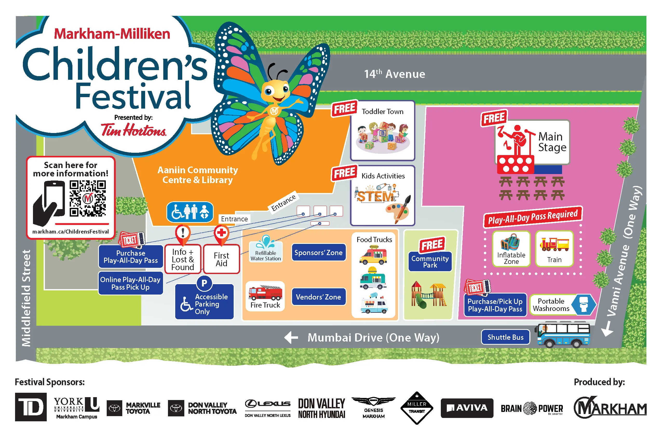 Festival site map for the Markham-Milliken Children’s Festival showing activity zones, main stage, food trucks, vendors, parking, entrances, shuttle bus stop, and play-all-day pass areas.